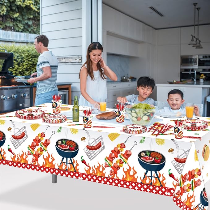 3 Pcs BBQ Party Tablecloth, Hamburger Barbecue Pizza Carnival Tablecloth BBQ Disposable Plastic Table Covers Hamburger Barbecue Pizza Carnival Veterans Day Party Decorations, 54 x 87In