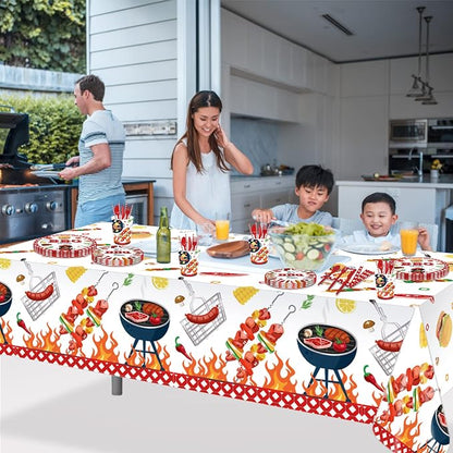 3 Pcs BBQ Party Tablecloth, Hamburger Barbecue Pizza Carnival Tablecloth BBQ Disposable Plastic Table Covers Hamburger Barbecue Pizza Carnival Veterans Day Party Decorations, 54 x 87In