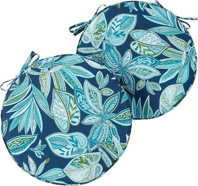 Set of 2 Outdoor 18 inch Round Patio Dining Chair Pads – Comfortable Fiber-Filled Seat Cushions with Ties, Reversible Polyester Fabric - Botanical Crestwood