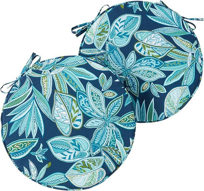Set of 2 Outdoor 18 inch Round Patio Dining Chair Pads – Comfortable Fiber-Filled Seat Cushions with Ties, Reversible Polyester Fabric - Botanical Crestwood