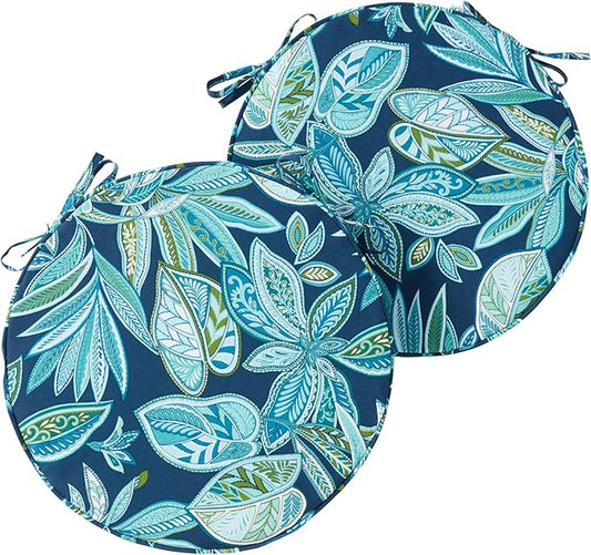 Set of 2 Outdoor 18 inch Round Patio Dining Chair Pads – Comfortable Fiber-Filled Seat Cushions with Ties, Reversible Polyester Fabric - Botanical Crestwood