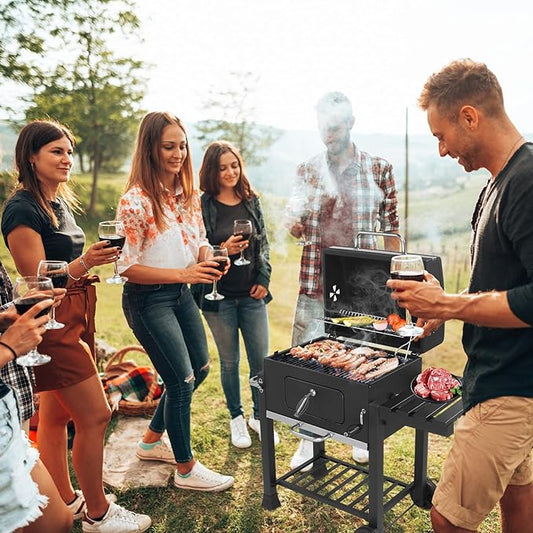 Black Charcoal BBQ Grill Movable Charcoal Grill with Foldable Side Tables, Outdoor Barbecue Grill Cooking Area for Outdoor Picnic and Camping Grilling,Outdoor Cooking Grill 45.7"L x 22.4"W x 42.5"H