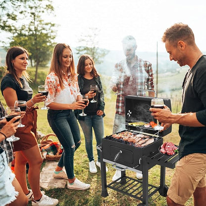 45.6" Charcoal Grill with Foldable Side Table,Metal Outdoor Barbecue Smoker,Portable Vertical Charcoal Smoker Grill,Heavy Duty Outdoor BBQ Grill,with Wheels,for Garden Patio Beach Backyard (Black)