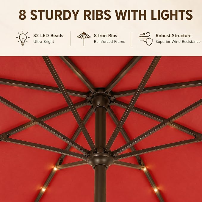11FT Solar Lighted Patio Umbrella, Outdoor Table Market Umbrellas with Crank Lift, 32 LED Lights, 8 Sturdy Ribs, UV-Resistant for Deck, Garden, Pool