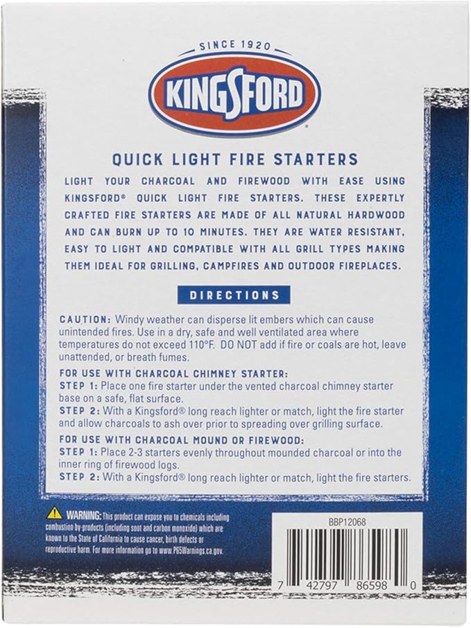 Kingsford Quick Light Fire Starter Rolls,All Natural Hardwood with Paraffin, Water Resistant and Easy Lighting for Charcoal, Pellet Grills, Smokers, Campfires, Outdoor Fireplaces, 32 Count (Pack of 2)