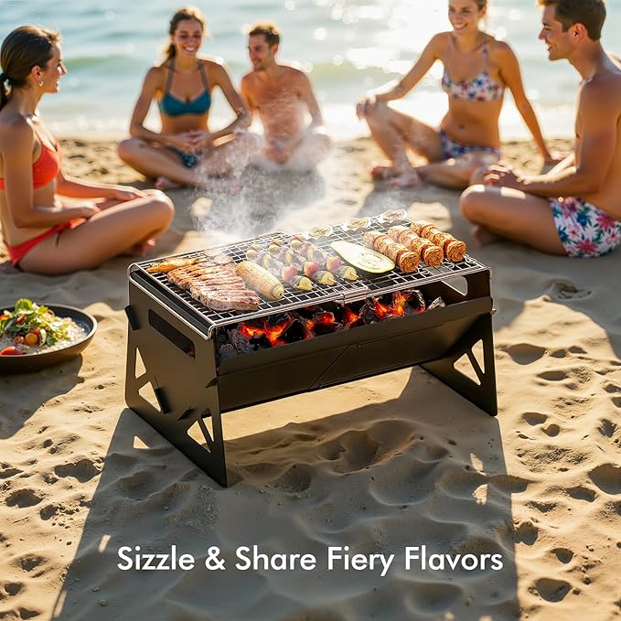 Raynesys Charcoal Grill, Folding Portable Grill, with Carry Bag, Camping Firepit for Outdoor Cooking, Campfire, Patio, Backyard, Backpacking, Party, 15.35 * 12.99 * 5.51 Inches