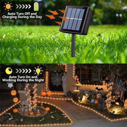 YEGUO Solar Halloween Lights Outdoor Waterproof, 66ft 200 LED Orange Solar Rope Lights, 8 Modes Fairy Lights in Clear Thin Tube