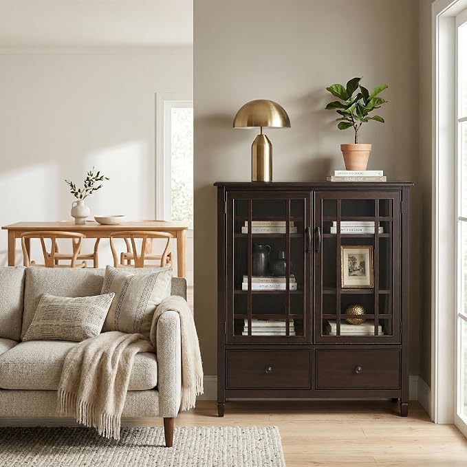 SIMPLIHOME Connaught 46" Solid Wood Tall Cabinet in Dark Chestnut Brown | Traditional tall console cabinet with glass doors, adjustable shelves and drawers for living or dining room storage.