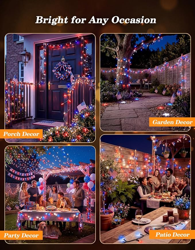 LitHome 2 Pack 4th of July Solar String Lights Outdoor Waterproof | Total 200LED 66FT Solar Powered Red White and Blue String Lights, 8 Modes Patriotic Light for Independence Day Party Decor