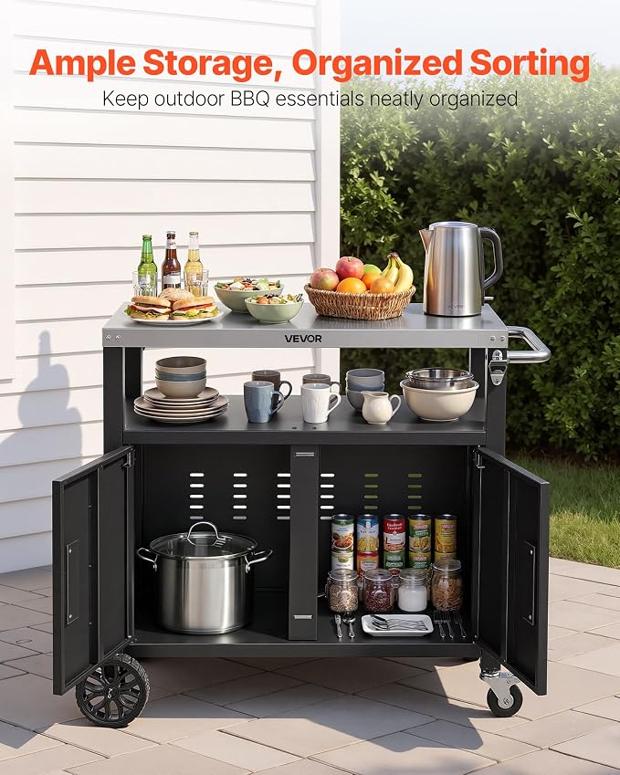 VEVOR Outdoor Grill Cart with Storage Cabinet, 36.4 Inch Grill Table, Waterproof Kitchen Island with Stainless Steel Top, Shelf, and Wheels, Movable Food Prep Station for Patio Bar Backyard BBQ