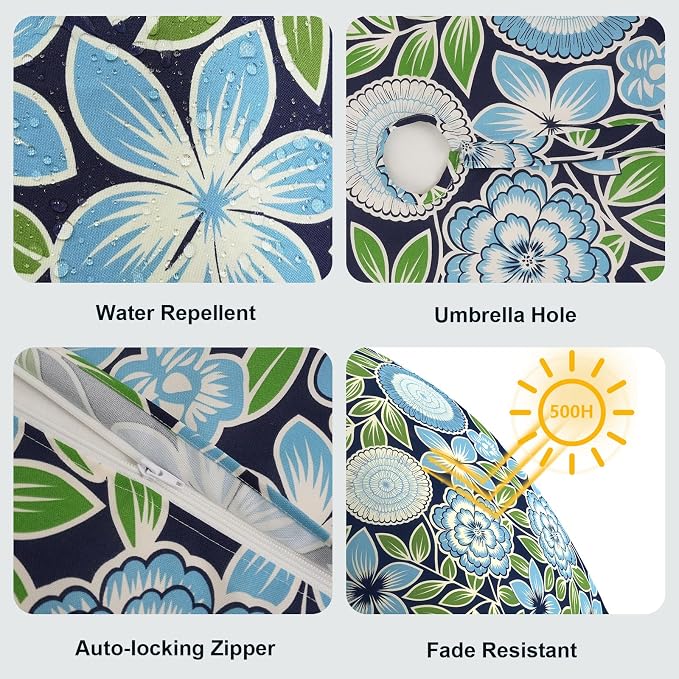 LVTXIII Round Outdoor Tablecloth with Umbrella Hole and Zipper, Water-Repellent 60 Inch Patio Table Cover for Bistro, Garden, Patio & Picnic, Botanical Blues