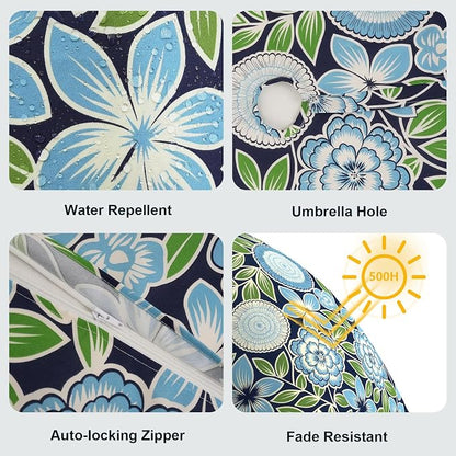 LVTXIII Round Outdoor Tablecloth with Umbrella Hole and Zipper, Water-Repellent 60 Inch Patio Table Cover for Bistro, Garden, Patio & Picnic, Botanical Blues