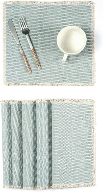 Hausattire Cotton Frayed Placemats Set of 6 Dining Table 14x14 Inch | Rustic Vintage Boho Washable Easter Placemat for Outdoor Parties BBQ's Wedding, Holiday, Special Occasions, Nubby Cotton - Blue