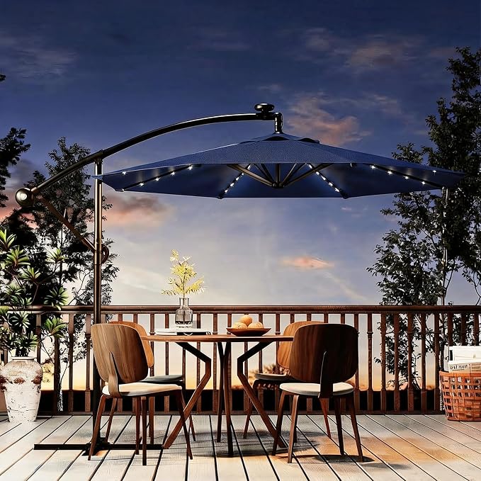 Garvee 10FT Solar Lights Offset Patio Umbrella with Cross Base, Navy Blue | Cantilever Umbrella with Easy Lift & Tilt Adjustment, 8 Ribs Sun umbrella UV Protection for Backyard, Pool, Garden