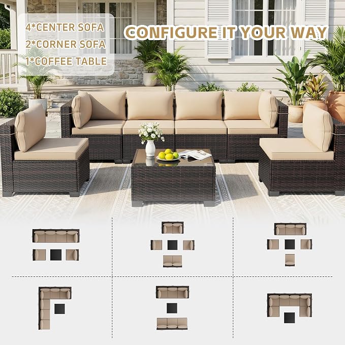 LAFWELL 7 Pieces Outdoor Patio Furniture Sets,Rattan Conversation Sectional Set,Manual Weaving Wicker Patio Sofa with Tea Table
