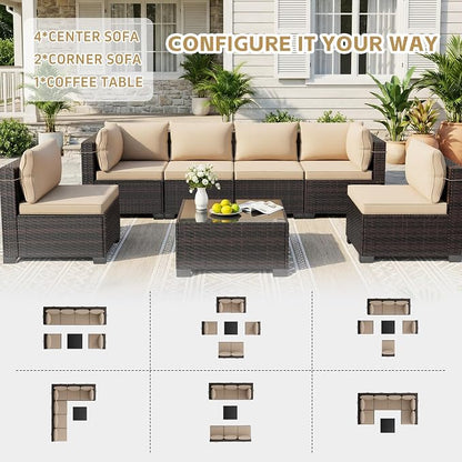 LAFWELL 7 Pieces Outdoor Patio Furniture Sets,Rattan Conversation Sectional Set,Manual Weaving Wicker Patio Sofa with Tea Table