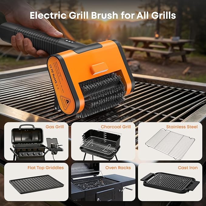 Electric Grill Brush, 1500RPM 3 Speeds, Grill Brush for Outdoor Grill with 3 Heads, Cordless Rechargeable BBQ Grate Cleaner with LED Light, Oil Splash Guard Grill Cleaning Brush for Barbecue Grates
