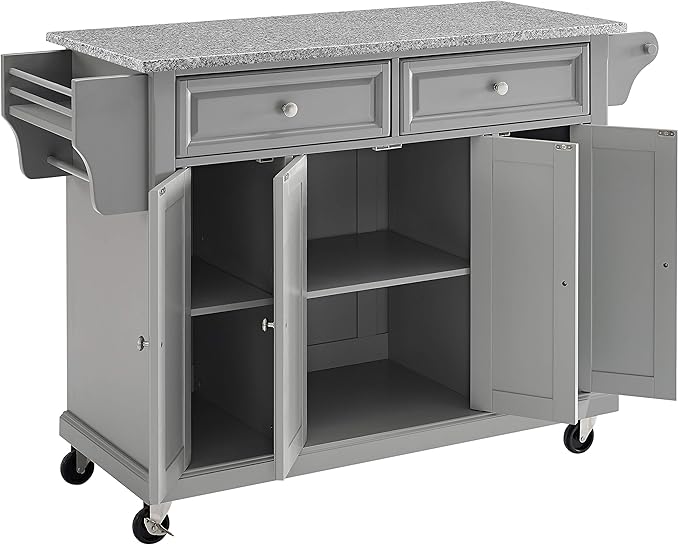 Crosley Furniture Full Size Granite Top Rolling Kitchen Island Storage Cart, Microwave Stand, Spice Rack, Gray