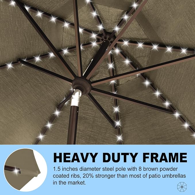 Eurmax USA 10-Year-Non-Fading 10FT Outdoor Patio Market Umbrella with LED Lights,UPF50+ UV Resistant,Heavy Duty Commercial Grade,Crank Lift&Tilt,Windproof Vented Top for Garden,Pool,Deck,Taupe