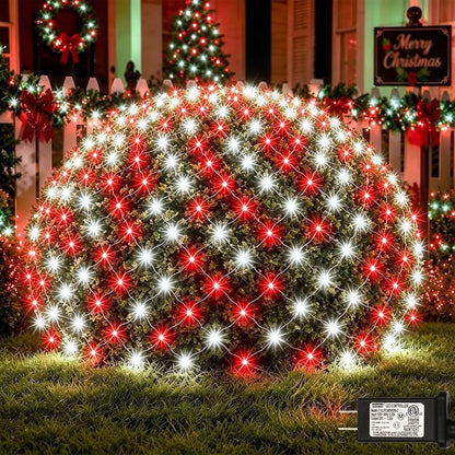 Lovelite Christmas Net Lights Red & White, 14.8ft x 5ft 300LED Mesh Lights Outdoor Green Wire 8 Modes Timer, Waterproof Connectable String Lights for Bushes Xmas Tree Garden Holiday Party Decor