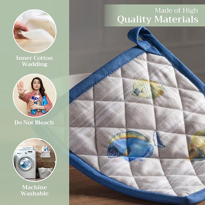 Maison d' Hermine Pot Holders 100% Cotton Heat Resistant Potholders 8" x 8" Hot Pads with Loop BBQ Cooking Baking Hotel Farmhouse Kitchen Handling Hot Pans Spring Summer (Pack of 1, Poisson)