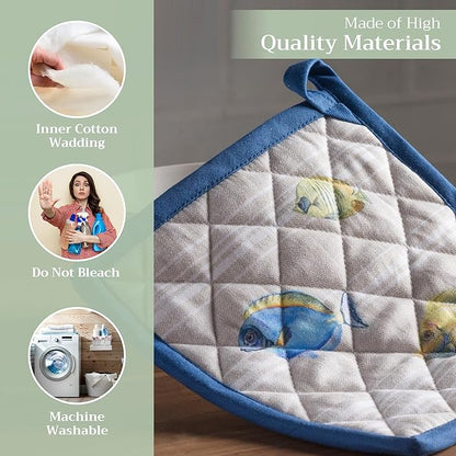 Maison d' Hermine Pot Holders 100% Cotton Heat Resistant Potholders 8" x 8" Hot Pads with Loop BBQ Cooking Baking Hotel Farmhouse Kitchen Handling Hot Pans Spring Summer (Pack of 1, Poisson)