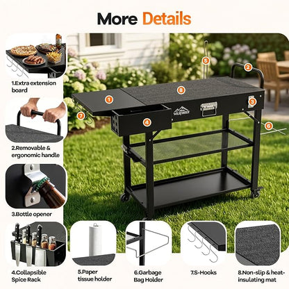 Grill Cart for Blackstone Griddle, Outdoor Grill Table Foldable for Ninja | Folding Pizza Oven Stand Grill Stand Fit 17 or 22 Inch Tabletop Griddle, Portable BBQ Prep Station with Tool Hooks & Wheels