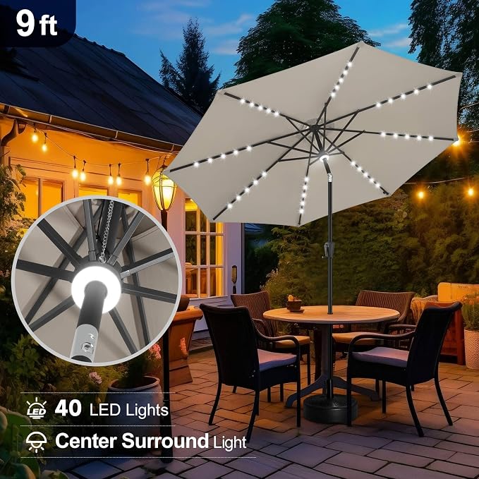 FLAME&SHADE Solar Patio Umbrella with a Centre Light, 9 FT Taupe | 40 LED Lights, UV Protection, Waterproof, Porch Deck Outdoor Umbrella for Pool, Backyard, Garden, Provides Evening Lighting