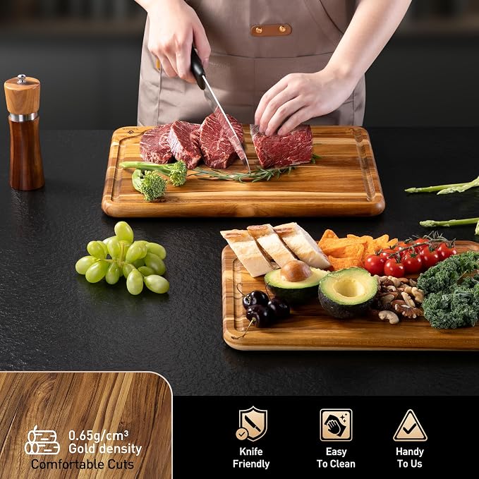 2 Pack Teak Cutting Boards for Kitchen Wood Wooden Cutting Board Non Slip | Non Toxic, Over Sink, NOT Bamboo Stainless Steel Titanium Acrylic Acacia Olive, Space-Saving, Kitchen Gift for Mom