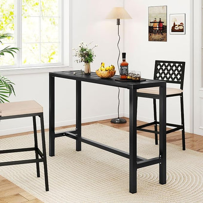 GIANTEX Outdoor Rectangle Bar Table with Counter Height, Slatted Top & Footrest, Heavy-Duty Metal Frame, 400Lbs Capacity, High Pub Table for Patio, Deck, Yard, Hot Tub, Balcony, Black (55")