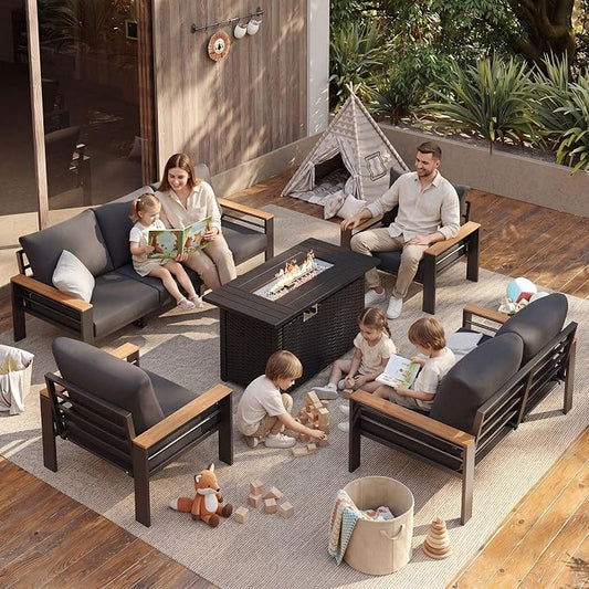 Aoxun Patio Furniture Set, Aluminum Patio Set with Fire Pit Table and 5" Thicken & Washable Cushion, Waterproof Outdoor Furniture, Outdoor Couch Sectional for Backyard (7 Seats/F, Dark Grey)