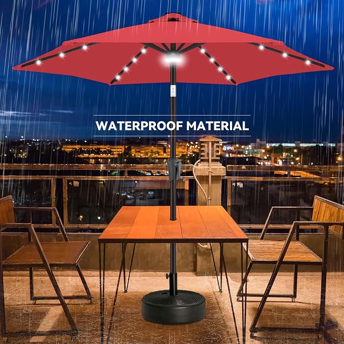 Solar Patio Umbrella with Centre Light, 7.5 ft Red | 24 LED Lights, UV Protection, Small Solar Outdoor Umbrella for Porch, Deck, Pool, Table, Garden, Provides Evening Lighting