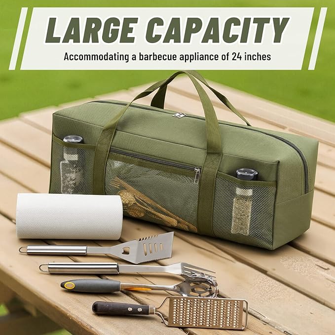 24" Grill Tool Storage Bag, Heavy Duty Waterproof BBQ Tools Bag, 24" x 8" x 8", Large Grill Utensil Storage Caddy with Pockets, BBQ Accessories for Outdoor Barbecue, Camping, Hiking(Green)