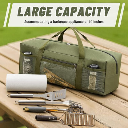 24" Grill Tool Storage Bag, Heavy Duty Waterproof BBQ Tools Bag, 24" x 8" x 8", Large Grill Utensil Storage Caddy with Pockets, BBQ Accessories for Outdoor Barbecue, Camping, Hiking(Green)