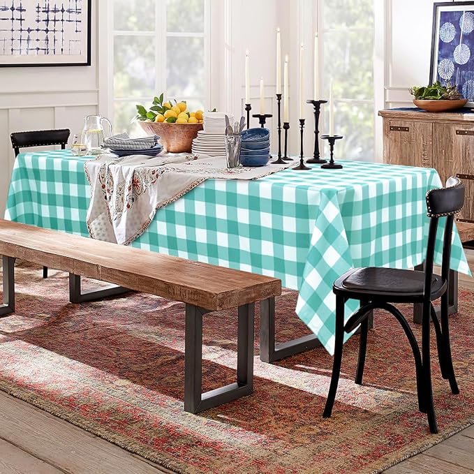 Hiasan Checkered Square Tablecloth - Stain Resistant, Waterproof and Wrinkle Resistant Washable Table Cloth for Dining Room and Outdoor Use, 60 x 60 Inch, Aqua and White Gingham Pattern