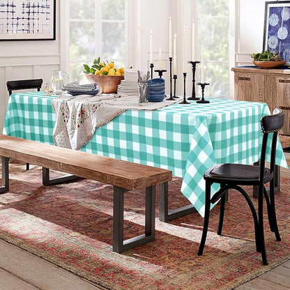Hiasan Checkered Square Tablecloth - Stain Resistant, Waterproof and Wrinkle Resistant Washable Table Cloth for Dining Room and Outdoor Use, 60 x 60 Inch, Aqua and White Gingham Pattern