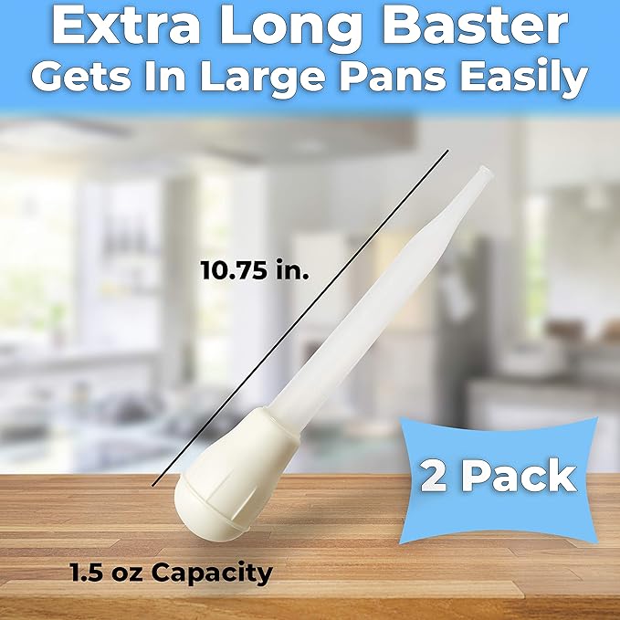 BPA Free, Pro Grade Turkey Baster 2 Pack. Extra Large 11 Inch Bulb Basters with Measuring Lines Perfect for Cooking Juicy, Tender Meat. Best Plastic Suction Basting Syringe, Kitchen Tools and Supplies