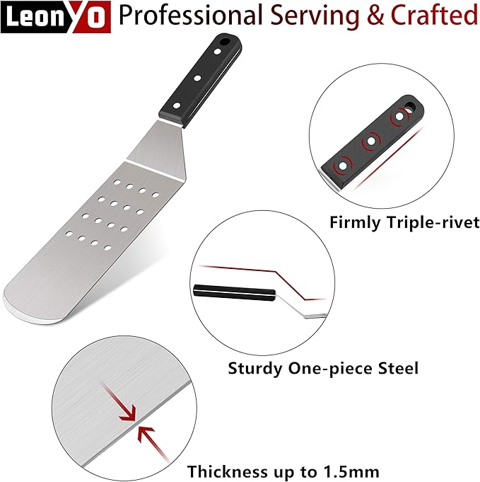 Griddle Accessories Set of 5, Leonyo Stainless Steel Grill Griddle Tool Set- Metal Spatula for Flat Top Hibachi Teppanyaki Kitchen Cooking, Riveted Grip, Dishwasher Safe, S Hooks, Indoor Outdoor