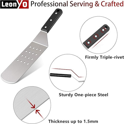 Griddle Accessories Set of 5, Leonyo Stainless Steel Grill Griddle Tool Set- Metal Spatula for Flat Top Hibachi Teppanyaki Kitchen Cooking, Riveted Grip, Dishwasher Safe, S Hooks, Indoor Outdoor
