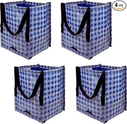 DURASACK Heavy Duty Storage Tote Bag 22-Gallon, Gingham Blue, Pack of 4 | Rugged Woven Polypropylene Moving Bag, Reusable Self-Standing Design, Holds up to 500 Pounds