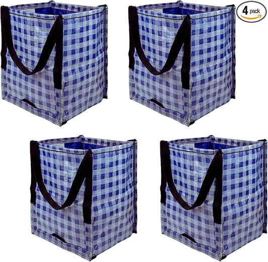 DURASACK Heavy Duty Storage Tote Bag 22-Gallon, Gingham Blue, Pack of 4 | Rugged Woven Polypropylene Moving Bag, Reusable Self-Standing Design, Holds up to 500 Pounds