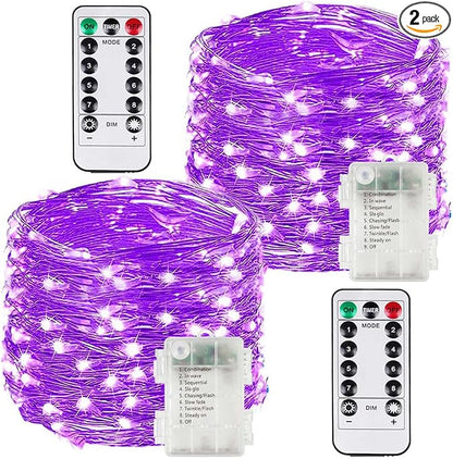 2 Pack 100 LED Fairy Lights Battery Operated with Remote, Halloween Light | 33 FT, Purple, 8 Modes, Timer, Dimmable, IP44 Waterproof Battery String Lights for Indoor Outdoor, Halloween Decorations