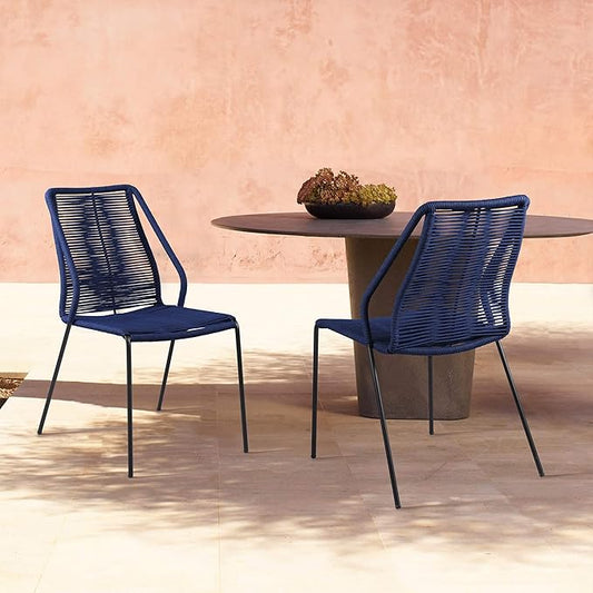 armen LIVING Clip Modern Indoor Outdoor Patio Stackable Steel Dining Chair with Blue Rope - Set of 2