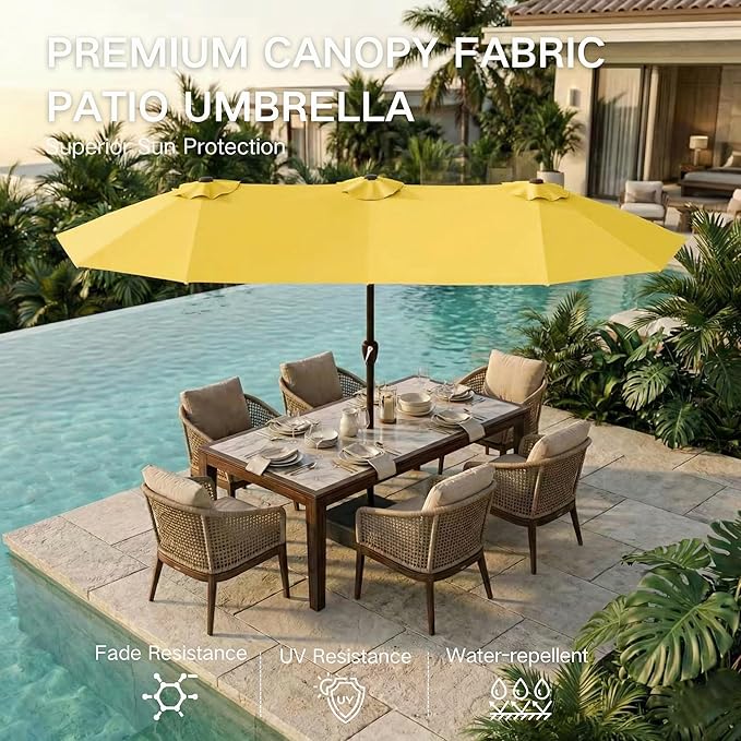 Kingdura 15ft Large Patio Umbrella with Base Included, Double-Sided Rectangle Outdoor Table Umbrella with 12 Reinforced Ribs, Crank Lift for Market Pool Deck Backyard, Yellow