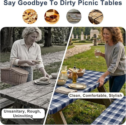Picnic Table Cover with Bench Covers Windproof Waterproof Picnic Table Covers Camping Tablecloth with Self-Storage Bag, 72in, Blue