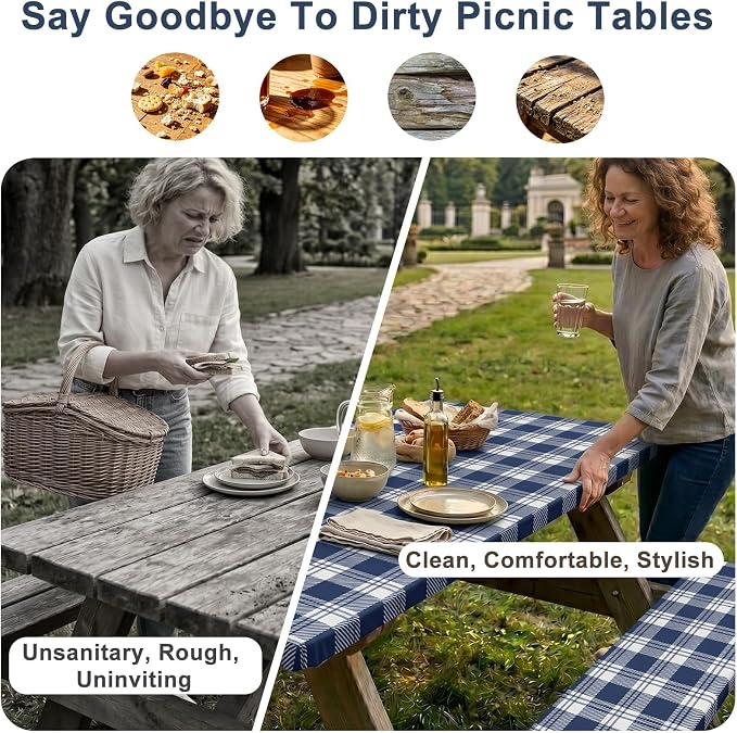 Picnic Table Cover with Bench Covers Windproof Waterproof Picnic Table Covers Camping Tablecloth with Self-Storage Bag, 96in, Blue