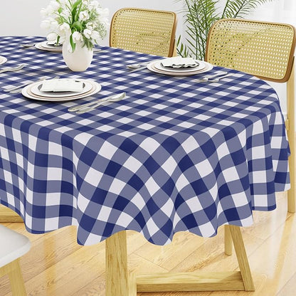 Smiry Oval Table Cloth, Vinyl Tablecloths with Flannel Backing, 60"x84" | Waterproof Picnic Table Cloth, Wipeable Buffalo Plaid Table Cover for Indoor and Outdoor (Navy & White)