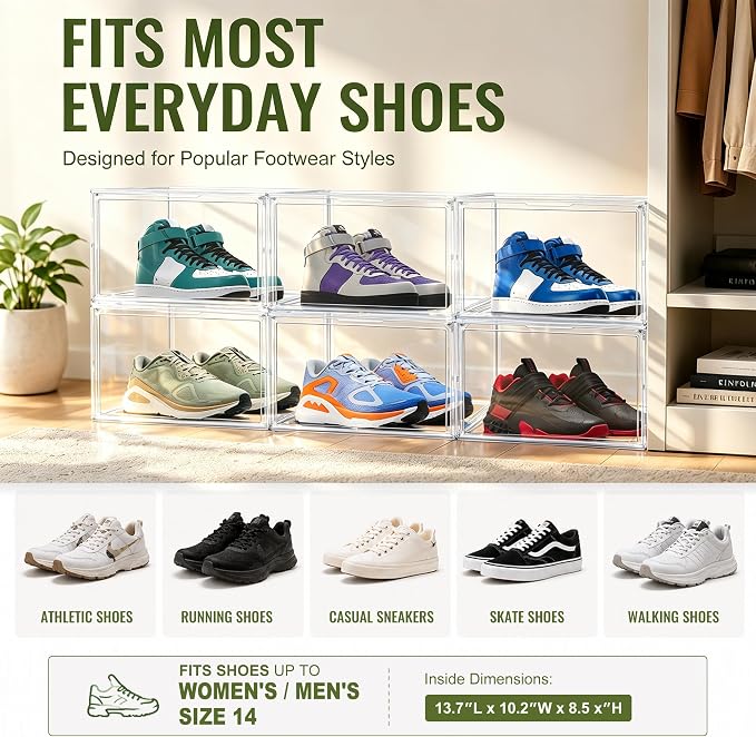 5 Pack Acrylic Shoe Boxes,Stackable Organizer for Everyday Footwear | Fits size 14 sneakers, casual shoes and athletic footwear. Clear acrylic design with magnetic door & dustproof storage
