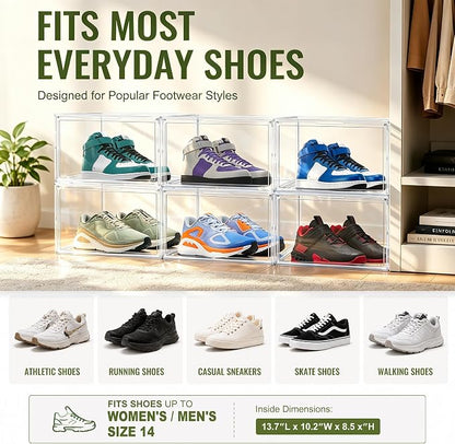 10 Pack Acrylic Shoe Boxes,Stackable Organizer for Everyday Footwear | Fits size 14 sneakers, casual shoes and athletic footwear. Clear acrylic design with magnetic door & dustproof storage.1 Pack