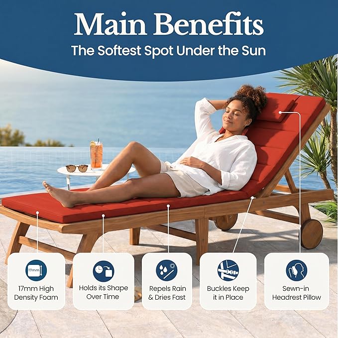 Quilted Chaise Lounge Outdoor Patio Furniture Cushions | Water-Resistant Patio Chair Cushions | Durable, High-Density Foam Outdoor Chair Cushions - Red, 72"x21" (Chair Not Included)